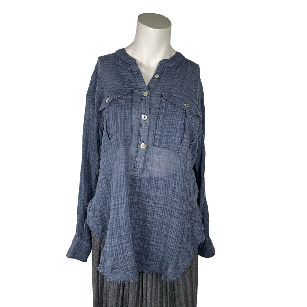 Free People Talk To Me Buttondown Top Women's XS Oversize Blue Plaid Long Sleeve